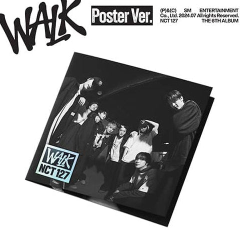 Album cover for NCT 127 with black and white photo and 'WALK' text