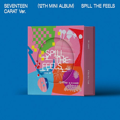 The image displays the cover of SEVENTEEN's 12th mini album, titled 'SPILL THE FEELS'. The cover features a vibrant and colorful design with abstract and artistic patterns, including shapes and text.