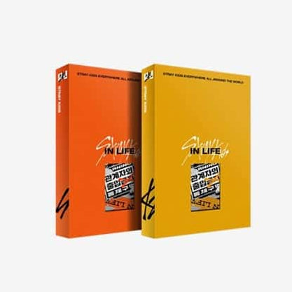 Two albums for STRAY KIDS album 'In Life' with one case in orange and the other in yellow, both featuring the album title and artwork.