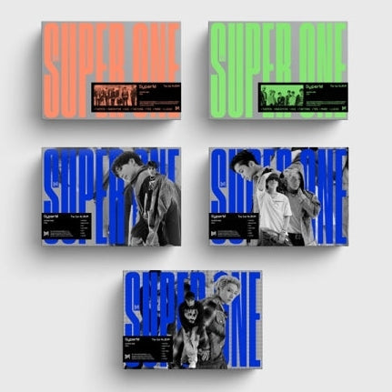 Multiple copies of the 'SUPER ONE' album by SuperM, each with a different color scheme on the packaging, displayed against a white background.
