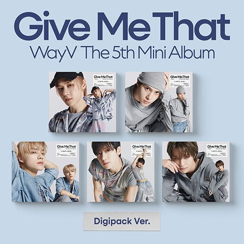 Album cover of the K-pop group WayV, showcasing them in a casual, relaxed pose. The image is used to represent the 5th mini album 'Give Me That'.