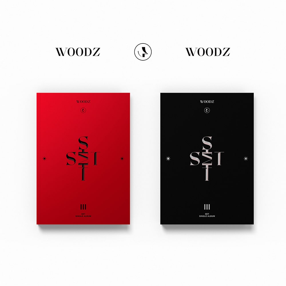 Two versions of WOODZ 1st Single Album covers, one in red and one in black, with text and the artist's signature.