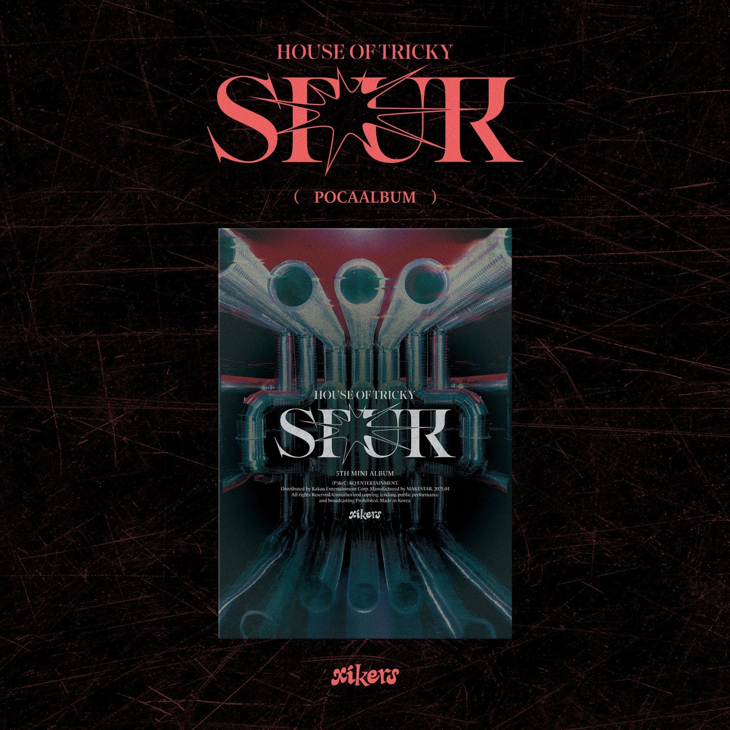 Album cover for 'HOUSE OF TRICKY: SPUR' by xikers featuring a stylized design with red and black colors and text manipulation.