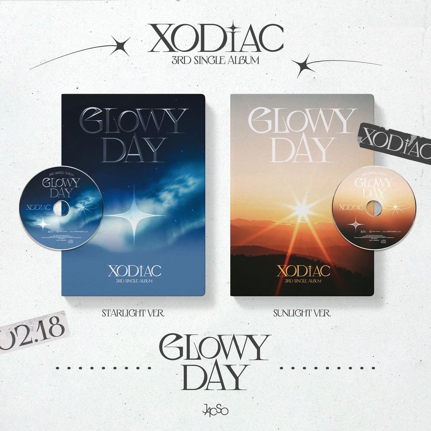 The image shows two versions of the 'XODIAC - GLOWY DAY' album: STARLIGHT Ver. and SUNLIGHT Ver.