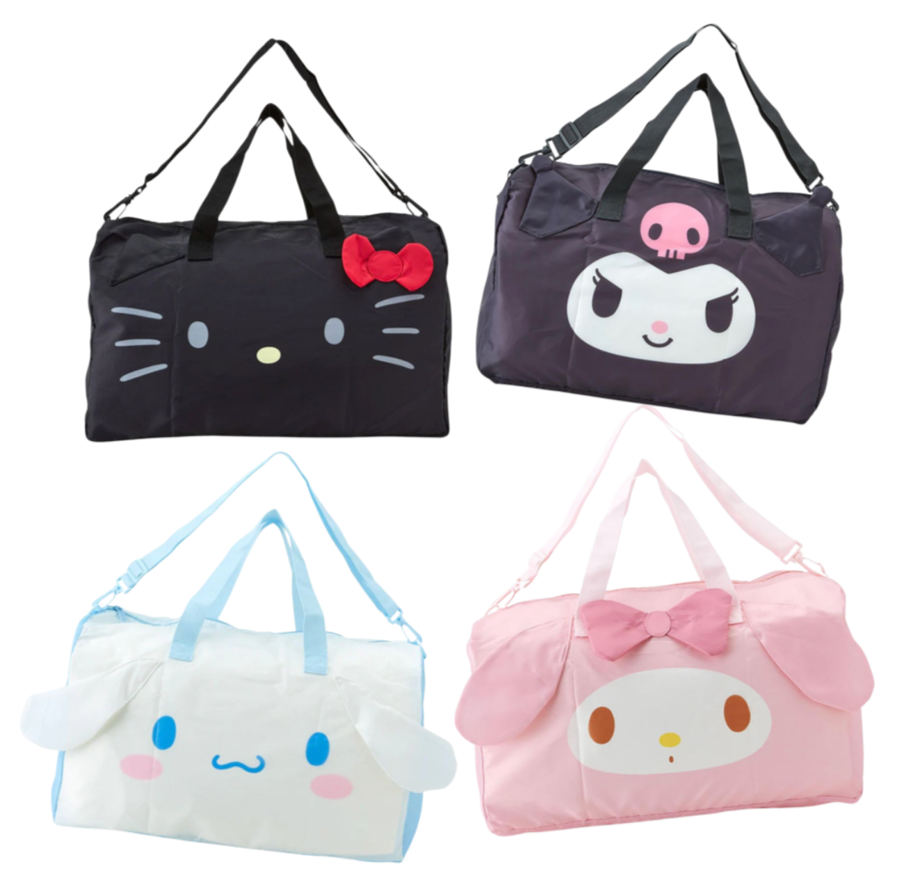 A collection of four foldable weekender bags with different colorful designs, each featuring a face of a Sanrio character (Hello Kitty, Kuromi, Cinnamoroll and My Melody)  on the front.