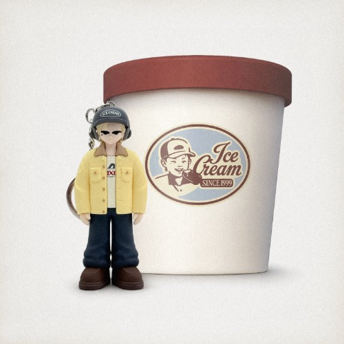 Small figure standing next to a large ice cream container with a logo on a white background