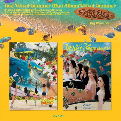 Red Velvet's 'Summer Mini Album' 'Velvet Summer' Big Wave Ver. cover art, featuring a bright yellow background with tropical fish, a beach scene, and two album cover previews showing the group members.