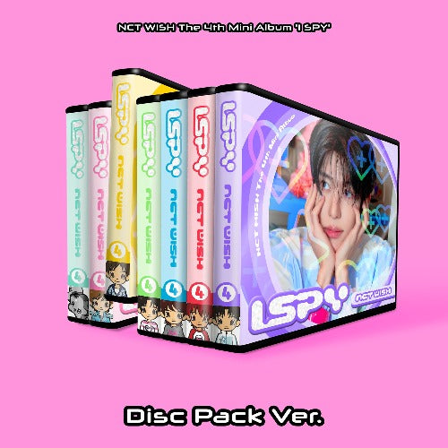 picture of NCT WISH 4th Mini Album [I SPY] (Disc Pack Ver.) total of 7 versions with each member on the cover. pink background of the picture. 