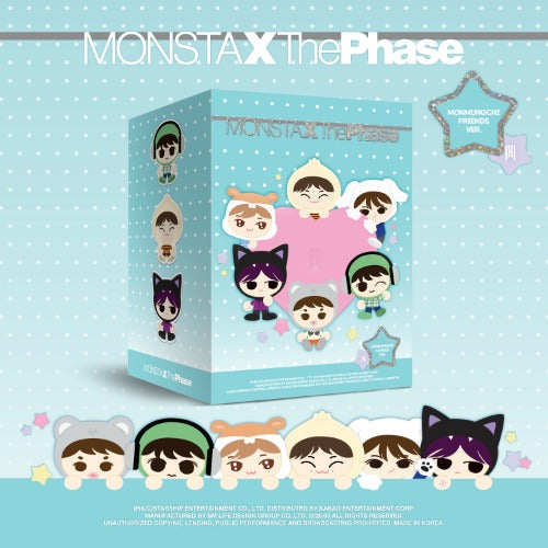 MONSTAX The Phase MMCKMCKG1000 Premium Version Box set packaging, featuring cute cartoon character illustrations on a light blue polka dot background with the group's character heads lined up below.