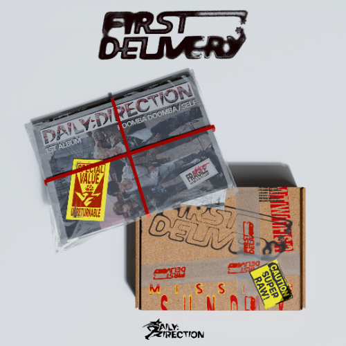 Music album packaging with 'First Delivery' branding on a white background