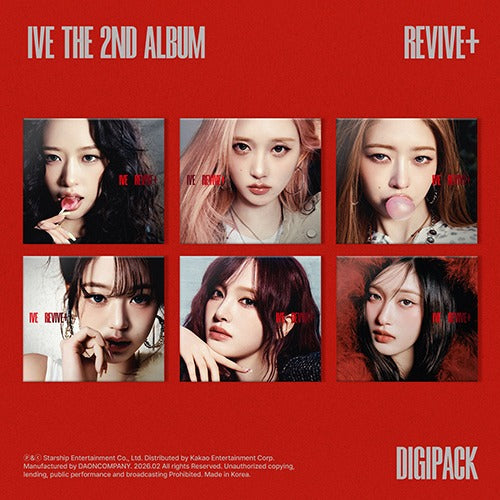 Album cover for 'REVIVE+' by IVE with six portraits on a red background