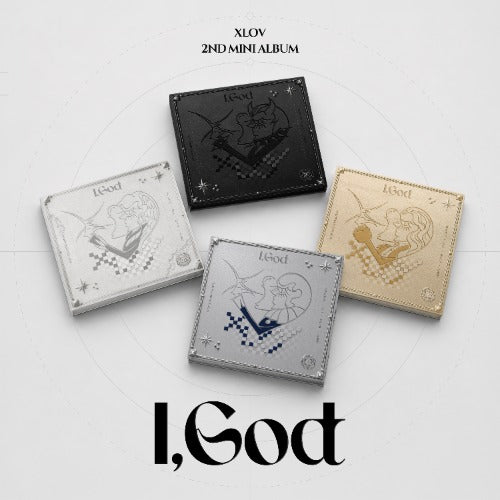 Four album covers with artistic designs on a white background, featuring the title 'I, God' and 'XLOV 2nd Mini Album'.