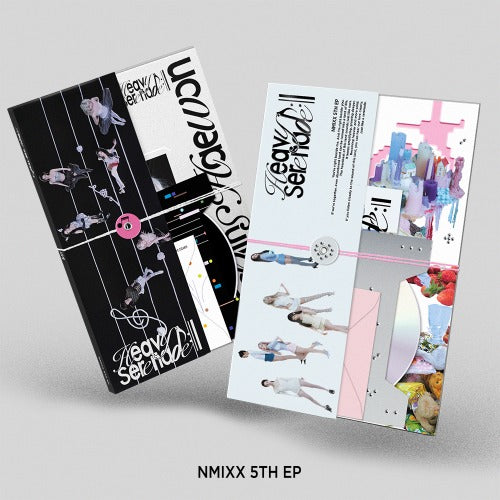 Two versions of NMIXX album shown on white background - one dark with grid design, one pastel with collage-style image, labeled "NMIXX 5TH EP."