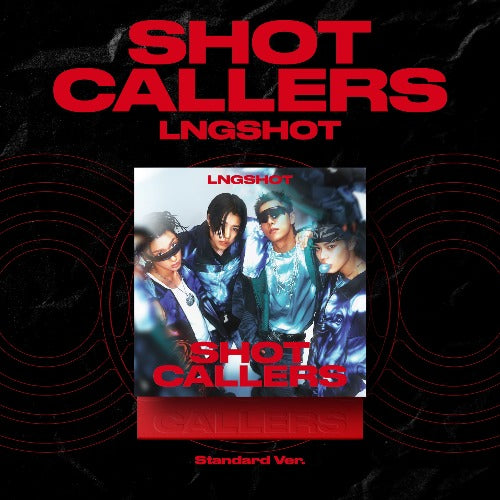 Album cover for LNGSHOT titled 'Shot Callers' with four individuals and red text on a black background