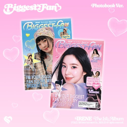 Two photobook covers with a pink background and heart shapes