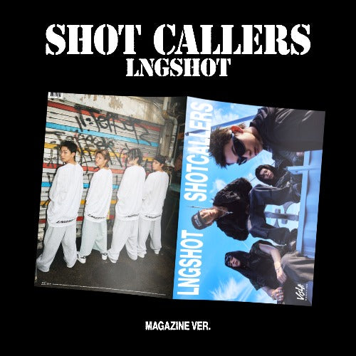 Two album covers for 'Shot Callers' with 'LNGSHOT' text, featuring group photos against different backdrops.