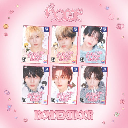 Collage of six album covers with a pink background and decorative elements.