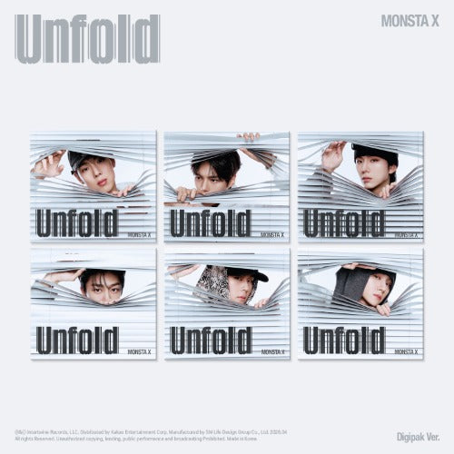 Album cover for 'Unfold' by MONSTA X with multiple images of a person peering through slats.