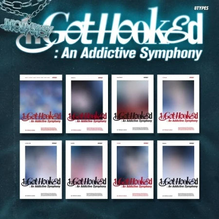 A stylized promotional graphic with the title “Get Hooked: An Addictive Symphony” in large, glowing text at the top. Below the title are eight Polaroid-style photo frames arranged in two rows, each containing a blurred image with the same “Get Hooked” branding overlaid in red or black text. The background is a dark, teal-toned gradient with a slightly textured, cosmic or underwater feel.