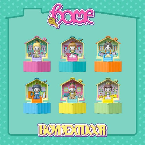 BOYNEXTDOOR album set of colorful toy houses with characters on a teal background, featuring the brand 'Home'.
