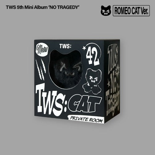 TWS 5th Mini Album 'NO TRAGEDY' packaging with black and white design on a gray background