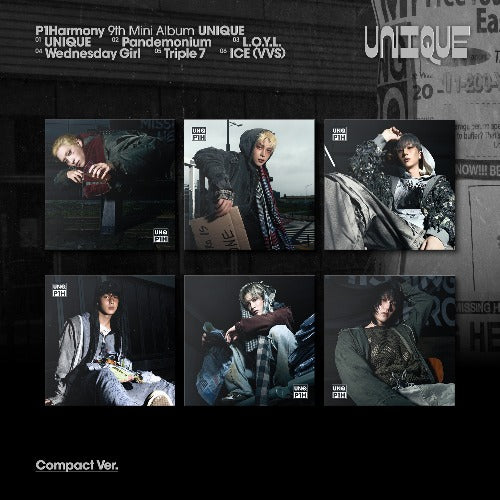 cover of KPOP album P1harmony 9th mini album UNIQUE. portrays each member per digi pack. 