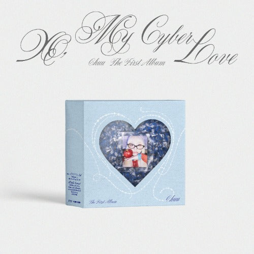 Album cover with heart design and photo of a person, on a light blue background