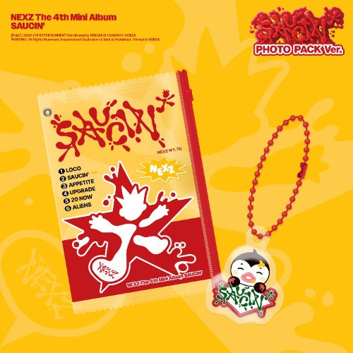 NEXZ The 4th Mini Album 'SAUCIN'' photo pack version featuring a red and yellow album sleeve with a red zipper, a red beaded necklace, and a penguin charm with 'SAUCIN'' artwork on a bright yellow background.