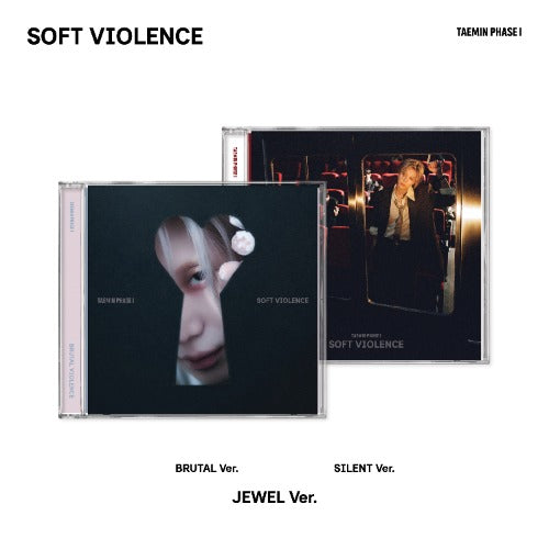 Taemin 'Soft Violence' album packaging shown on a white background, featuring the jewel case and inner sleeve for Brutal, Silent, and Jewel versions.