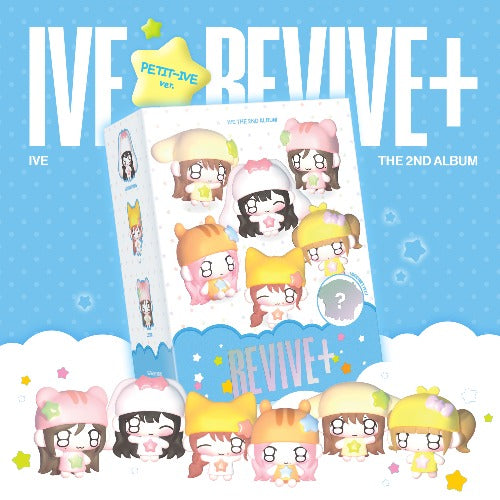 Album cover for 'REVIVE+' by IVE with cartoon character illustrations on a blue background