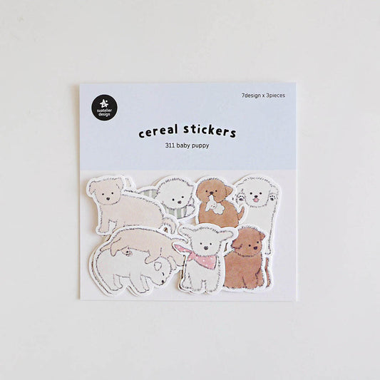 Pack of cereal stickers with baby puppies on a white background