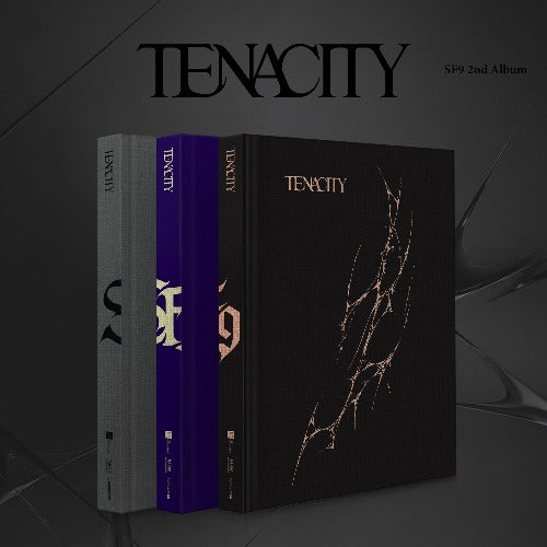 Tenacity SF9 2nd Album package featuring three slim books standing in front of a large black album cover with gold branch artwork. The spines are gray, white, and deep purple, and the album title TENACITY is printed prominently at the top.