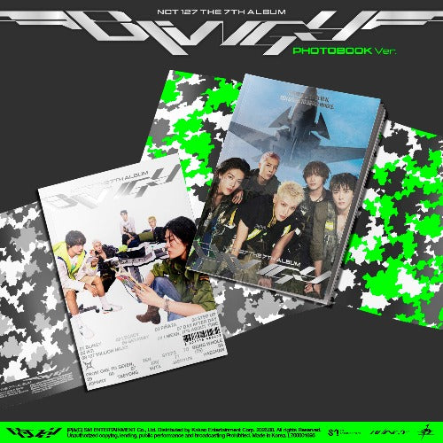 NOT 127 'The 7th Album' OVNAHA Photobook Ver. package layout shown on a dark gray background with bright green and black camouflage accents.