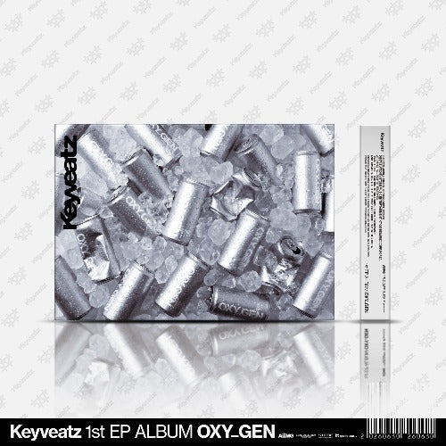 Keyveatz 1st EP Album 'OXY.GEN' cover art featuring a silver metallic liquid or capsules on a white background with a vertical text strip and a barcode at the bottom.