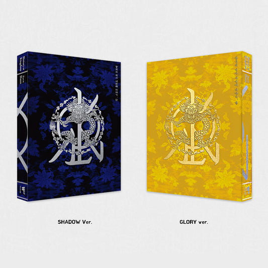 album covers of KPOP group KINGDOM with SHADOW ver in blue and black and Glory ver in Yellow. 