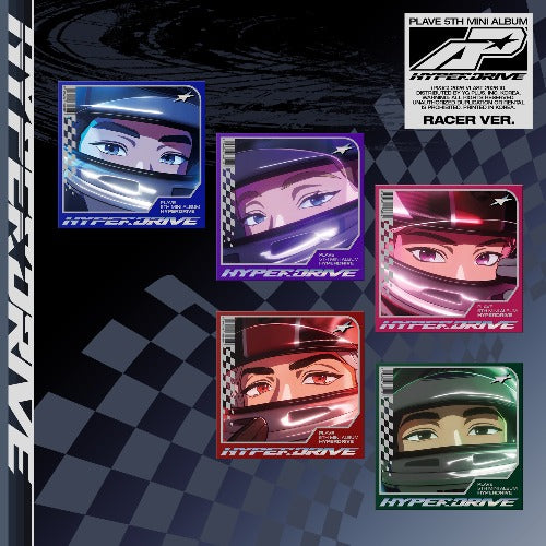 picture of PLAVE 5th Mini Album [HYPERDRIVE] (Racer Ver.) with each member face on album cover wearing helmets. background black and white checkered flag. 