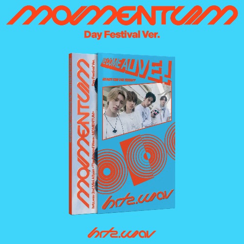COVER OF HRTZ.WAV ALBUM MOMENTUM DAY FESTIVAL VERSION. COVER IS BLUE WITH ORANGE WRITING WITH BLUE BACKGROUND