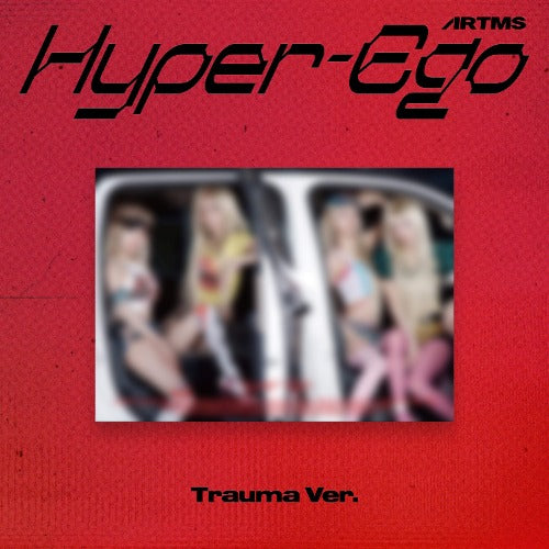Album cover art for 'Hyper-Ego Trauma Ver.' by ARTMS, featuring a textured red background with stylized black text and a central blurred square photo of three women inside a car.