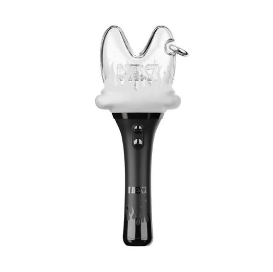 Clear light stick top with white flames and with black base on a white background. NEXZ embedded in light stick top. Black base has two buttons to controll the light stick.