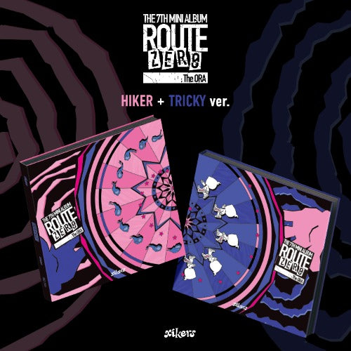 Album packaging with pink and blue designs on a dark background
