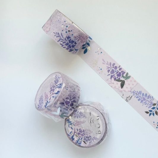 wisteria design washi tape with purple background and silver accent.