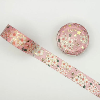 sakura design washi tape with pink background and gold foil accent.