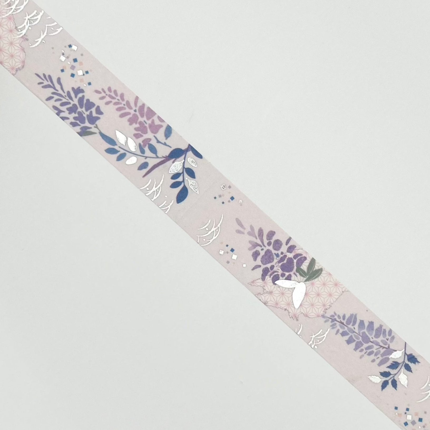 wisteria design washi tape with purple background and silver accent.