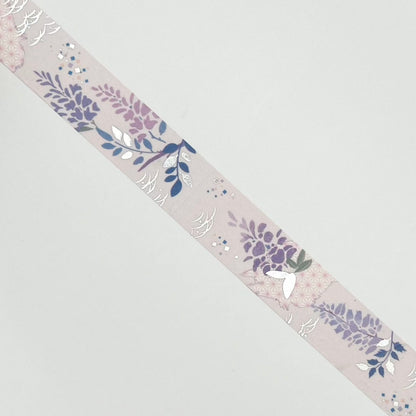 wisteria design washi tape with purple background and silver accent.