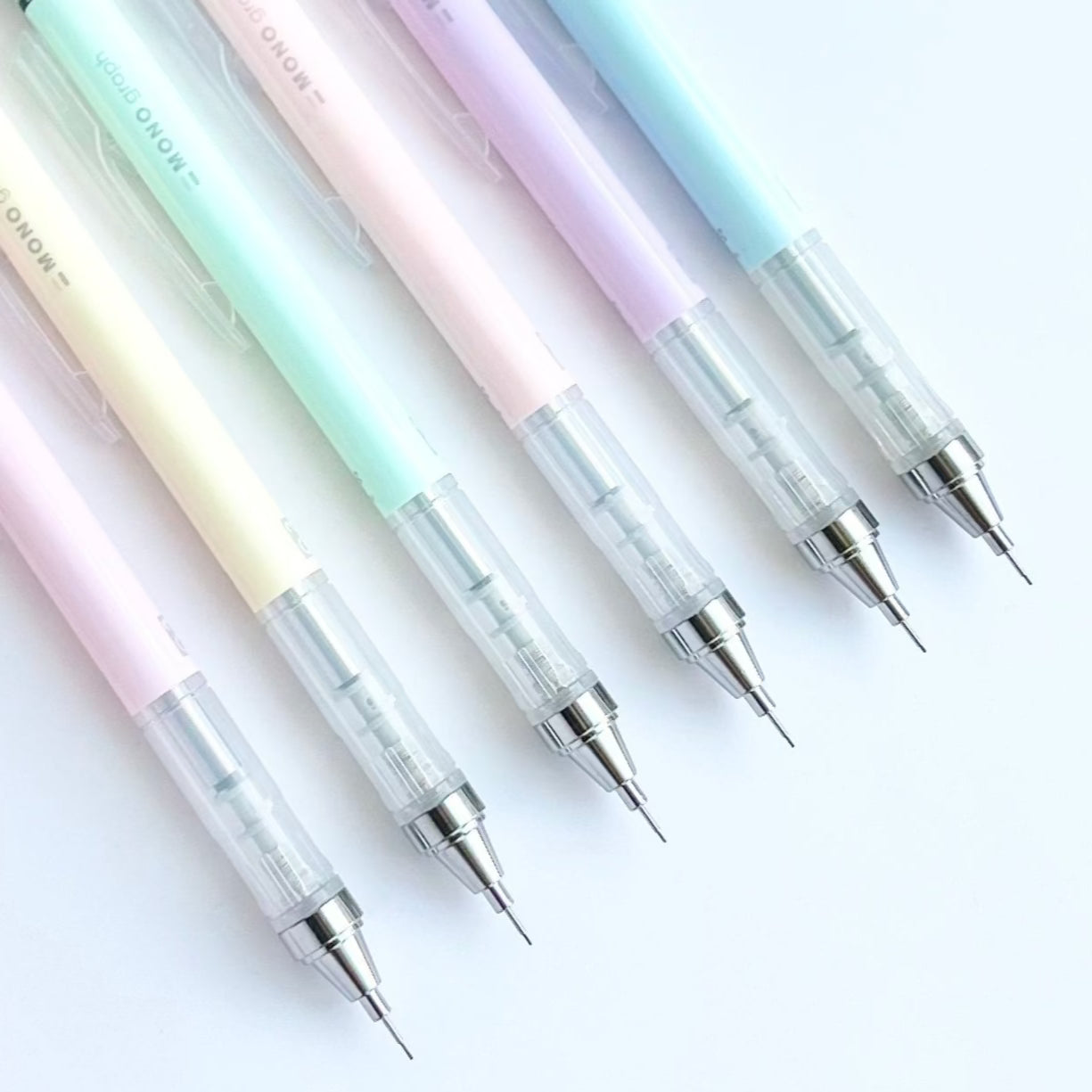 pastel mechanical pencils on display zoomed in showing tips in various colors