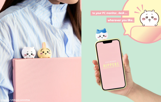 Person holding a pink phone case with Chiikawa characters on a light blue background
