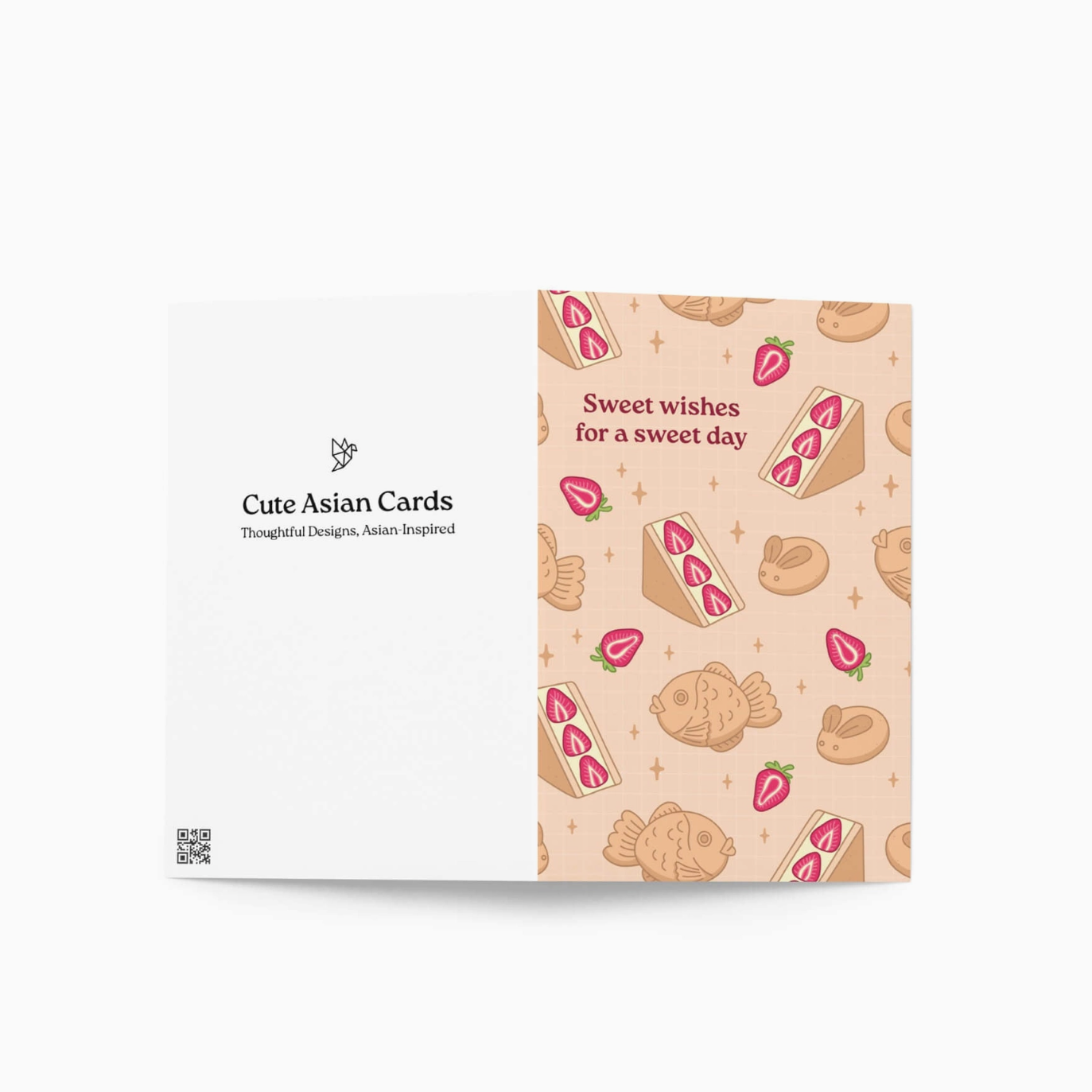 Card with dessert pattern and text 'Sweet wishes for a sweet day' on a white background