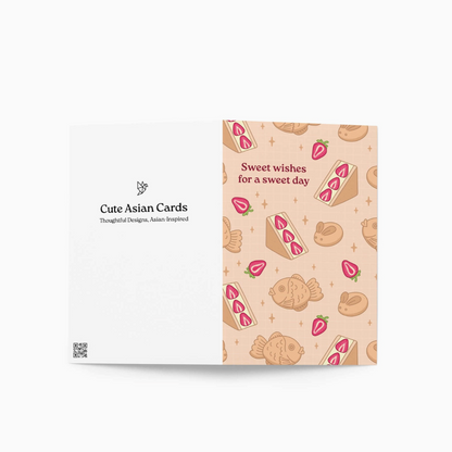 Card with dessert pattern and text 'Sweet wishes for a sweet day' on a white background