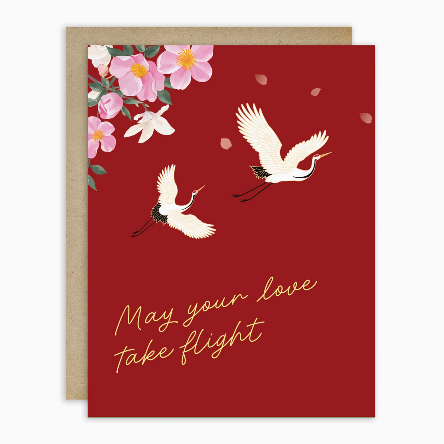 Greeting card with cranes and flowers on a red background