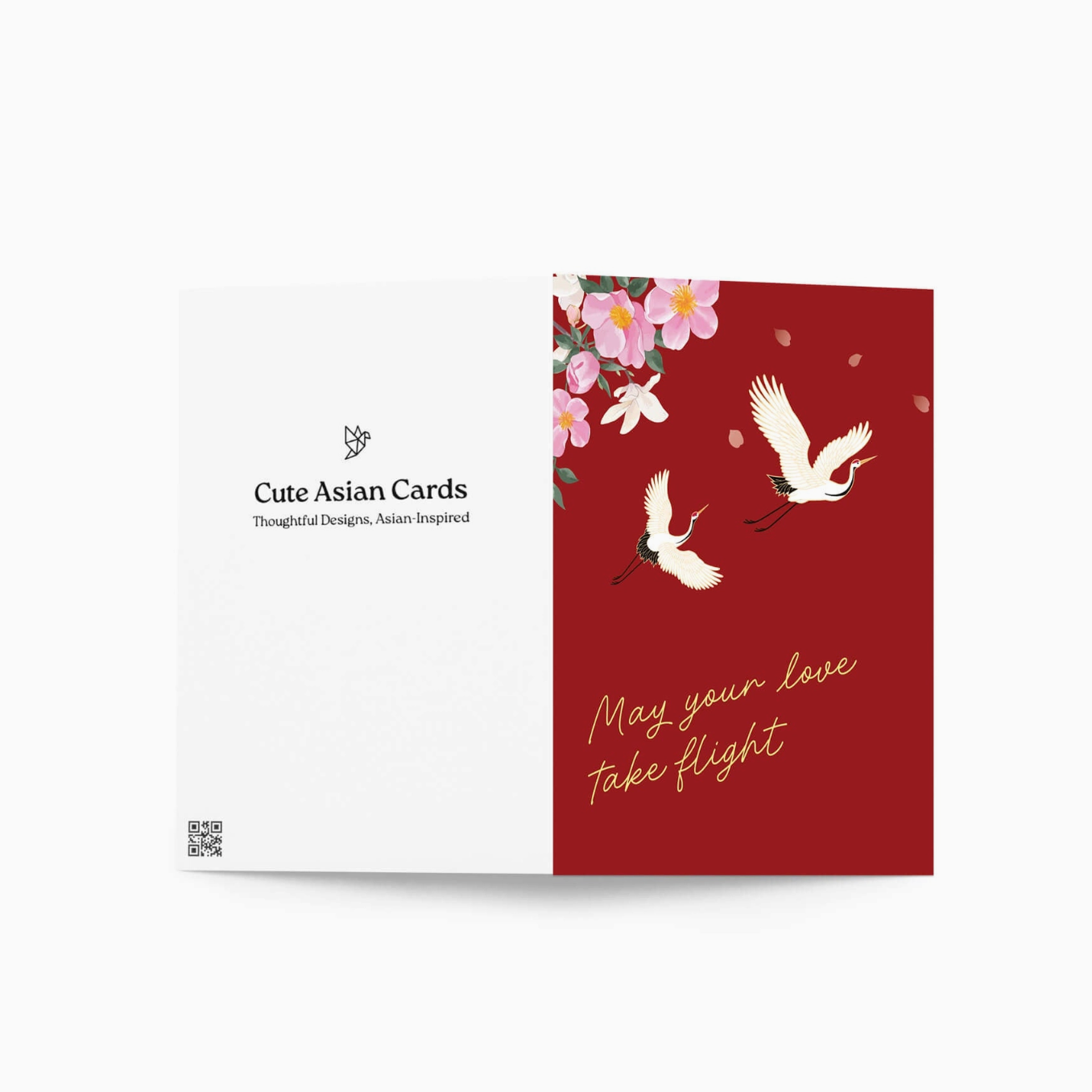 Card with cranes and flowers on a red background, featuring 'Cute Asian Cards' branding.